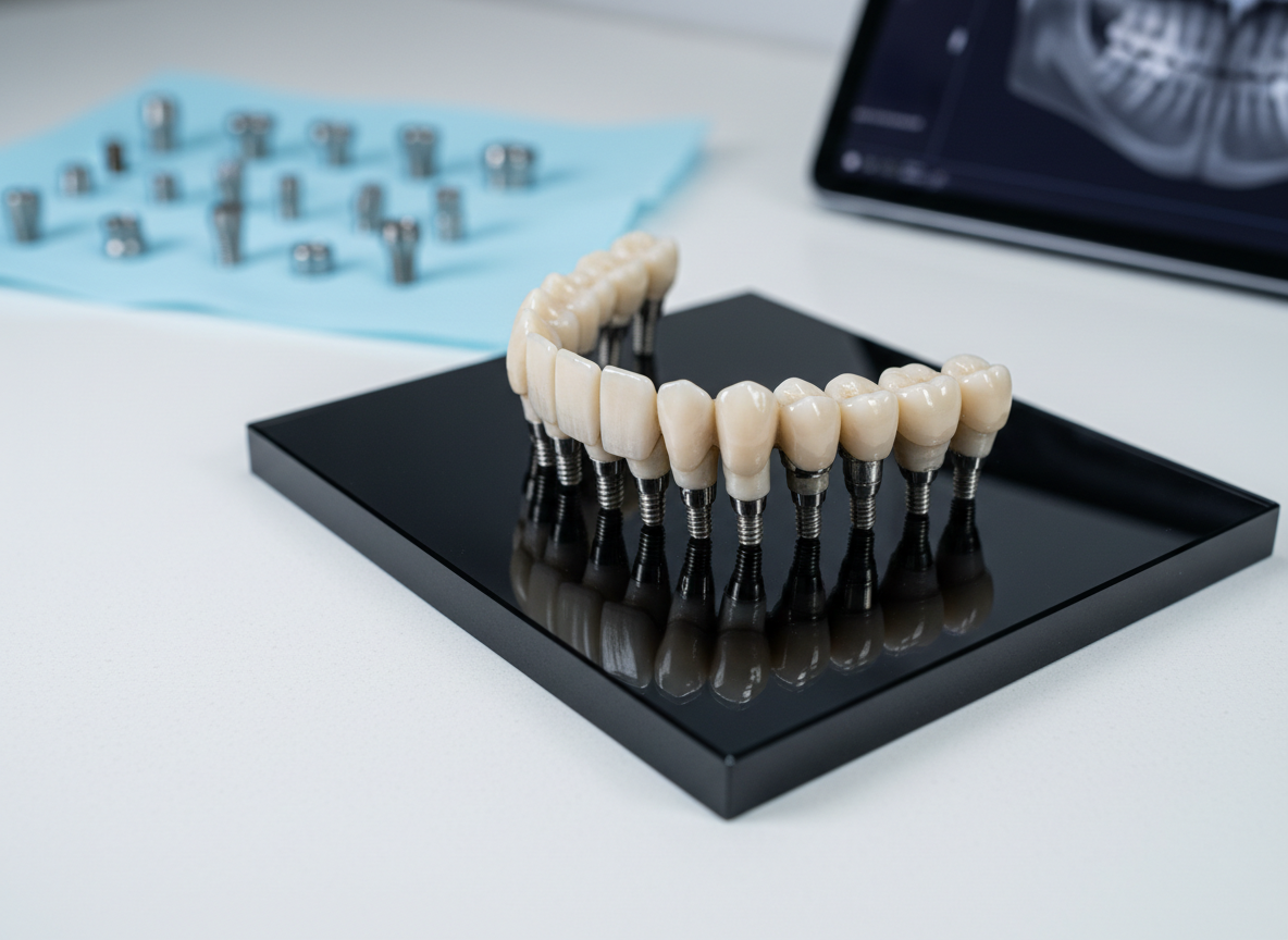 A pristine, full-arch dental model showcasing multiple zirconia crowns supported by titanium implants, each crown exhibiting lifelike translucency, micro-texture, and subtle shade gradations. The arch is positioned diagonally on a polished black acrylic base that reflects its contours, on top of a smooth white counter. In the softly blurred background, elegant dental implant components and a digital tablet displaying a faint, out-of-focus 3D scan add context. Cool, controlled studio lighting with a slight side emphasis creates refined reflections on the ceramic surfaces and metallic fixtures, enhancing their precision. Photographed from a low, three-quarter angle with a moderate depth of field, the image feels modern, high-tech, and sophisticated, capturing the essence of premium implant restorative dentistry for a discerning audience.