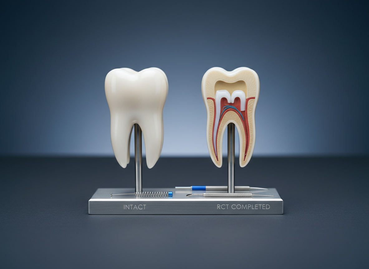 An elegant side-by-side display of two precision-cut tooth models: one intact molar and one sectioned to reveal a completed root canal filling. Both resin teeth are mounted vertically on a slim, brushed-metal base with engraved minimal markings. Between them lies a tiny, coiled nickel-titanium file and a slender obturation plugger, placed on a smooth, dark charcoal surface that contrasts with the clean white of the models. The background fades into a soft gradient of deep blue-gray, suggesting a sophisticated clinical presentation. Focused studio lighting from above and slightly behind creates a gentle rim light around the tooth contours and subtle reflections on the metal base. Photographed with a centered, symmetrical composition and photographic realism, the image conveys clarity, precision, and the quiet confidence of expertly performed root canal therapy.