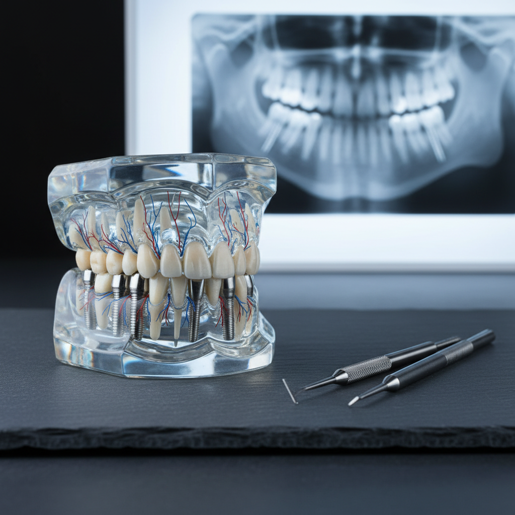 A detailed, life-sized transparent resin jaw model revealing internal bone structure and nerve pathways, fitted with several titanium implants at varying stages of integration. Each implant is precisely aligned, with surrounding bone texture clearly visible through the clear resin. The model sits on a matte slate-gray surface, beside a sleek metal periodontal probe and a narrow depth gauge, arranged with deliberate order. In the background, gently blurred, is a monochromatic digital X-ray film on a lightbox, adding clinical credibility. Cool, focused studio lighting from the upper left highlights the metallic sheen of the implants and the glassy clarity of the model, casting clean, controlled shadows. Captured from a slightly elevated angle with a moderate depth of field, the mood is analytical, modern, and highly professional, ideal for explaining implant planning and anatomy.