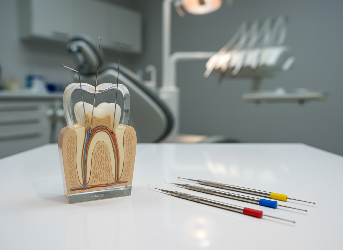 An impeccably detailed cross-sectional acrylic model of a human molar undergoing root canal treatment, showing the tooth sliced vertically to reveal intricate pulp chambers and meticulously shaped canals filled with radiopaque material. Fine stainless-steel endodontic files rest beside the model on a matte white surface, their colored silicone stoppers adding subtle accents. The scene is set in a refined, ultra-clean dental operatory with blurred instruments and cabinetry in soft focus behind. Cool, even studio lighting from above and slightly to the right creates crisp highlights and gentle shadows, emphasizing anatomical detail. Captured from a slightly elevated three-quarter angle with photographic realism, the composition uses the rule of thirds to create an academic yet luxurious atmosphere, ideal for explaining RCT procedures in a sophisticated clinical context.